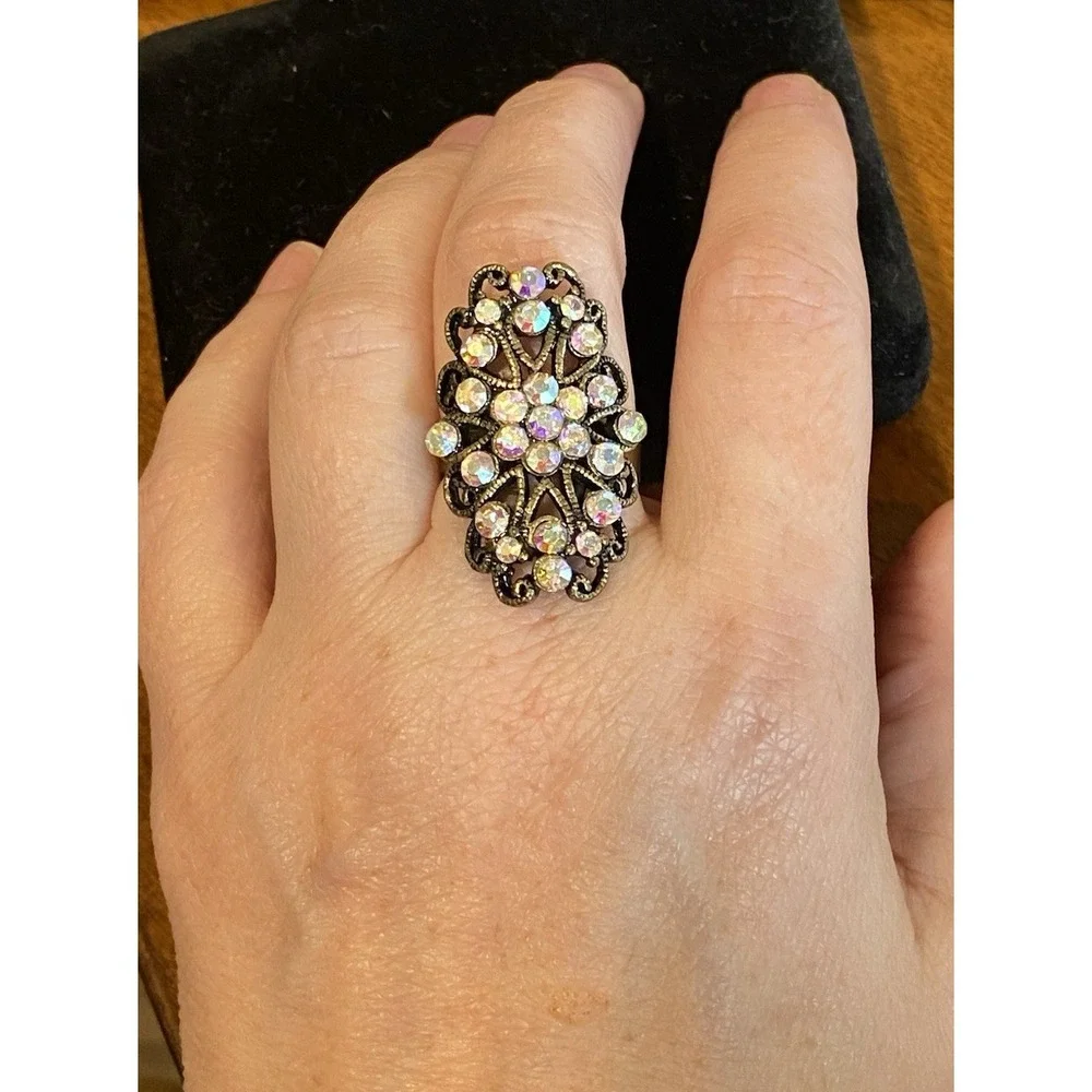 Aurora Borealis Rhinestone Oval Cluster Adjustable Vintage Ring 1.25 inches long
